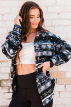 Blue Tribal Print Pocket Buttoned Sherpa Jacket