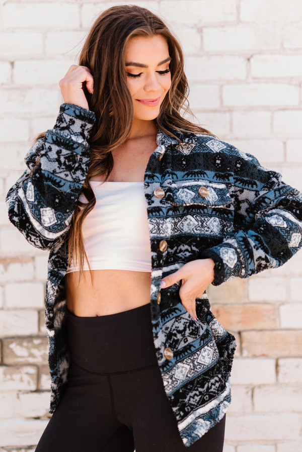 Blue Tribal Print Pocket Buttoned Sherpa Jacket