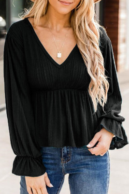Black Pleated Ruffled V Neck Babydoll Top