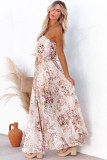 Beige Strapless Floral Print Maxi Dress