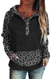 Color Block Leopard Long Sleeves Black Hoodie
