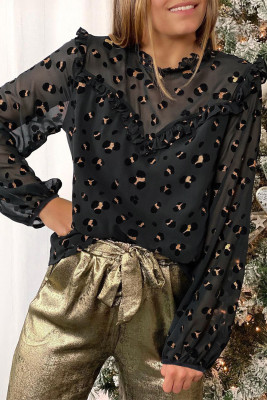 Black Ruffled Neck Leopard Print Mesh Blouse