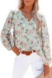 Green Floral Print V Neck Long Puff Sleeve Top