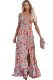 Sky Blue Floral Print Shirred Side Slit Off Shoulder Maxi Dress