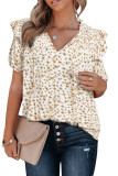 Yellow Floral Print Smocked Ruffled V Neck T-shirt