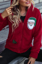 Red Santa Patchwork Zipper Pockets Fleece Hooded Coat