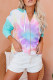 Sky Blue Zipper Drawstring Tie Dye Color Block Hoodie