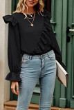 Puff Sleeves Plain Pleated Ruffle Blouse