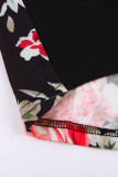 Black Women's Casual Floral Printed Splicing Pullover Pocket T-shirt