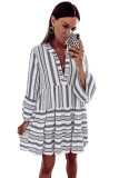 Sky Blue Geometric Print V neck Ruffle Swing Mini Dress