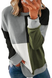 Green Color Block Round Neck Long Sleeves Pullover Sweatshirt