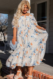 White Floral Print Puff Sleeve Square Neck Plus Size Dress