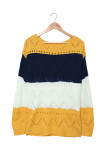 Yellow Round Neck Side Slit Pointelle Color Block Sweater