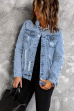 Sky Blue Distressed Buttons Washed Denim Jacket