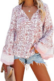 Floral Print V Neck Drawstring Flared Sleeve Top