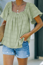Green Square Neck Jacquard Short Sleeves Top