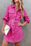 Plain Open Button Pockets Mini Dress With Waistband