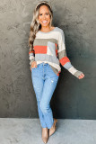 Red Striped Colorblock Ribbed Knit Top with Pocket