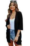 Black Ribbed Open Front Knit Cardigan