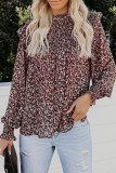 Red Floral Print Smocked Ruffled Long Sleeve Blouse