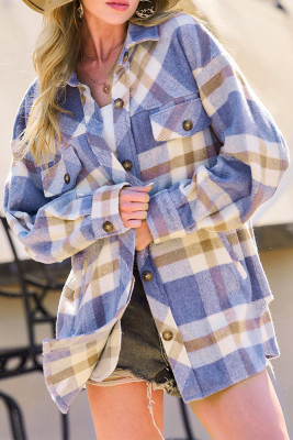 Plaid Lapel Button Up Pockets Shacket Jacket