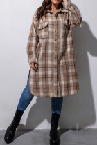 Plus Size Pockets Plaid Shacket Long Coat