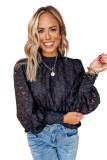Black Lace-up Mock Neck Bubble Sleeves Blouse