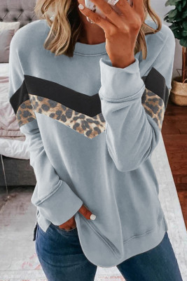 Gray Leopard Print Crew Neck Color Block Sweatshirt