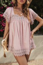 Pink Lace Pom Pom Splicing Square Neck Blouse