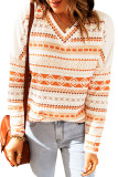 Orange Geometric Print V Neck Long Sleeve Top