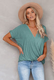 Green Short Sleeves Drape Knit Top