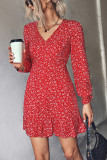 V Neck High Waist Long Sleeves Floral Dress