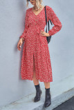 V Neck Button Down High Waist Split Floral Dress