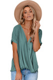 Green Short Sleeves Drape Knit Top