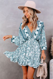 Green V Neck 3/4 Sleeve Bohemian Vintage Print Mini Dress