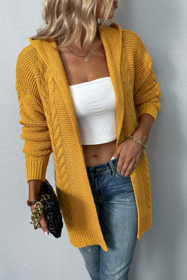 Plain Cable Knit Front Open Sweater Cardigans with Hood
