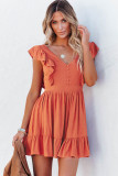 Orange V Neck Ruffles Open Back A-line Mini Dress