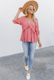 Pink Ruffled Half Sleeve V Neck Babydoll Top