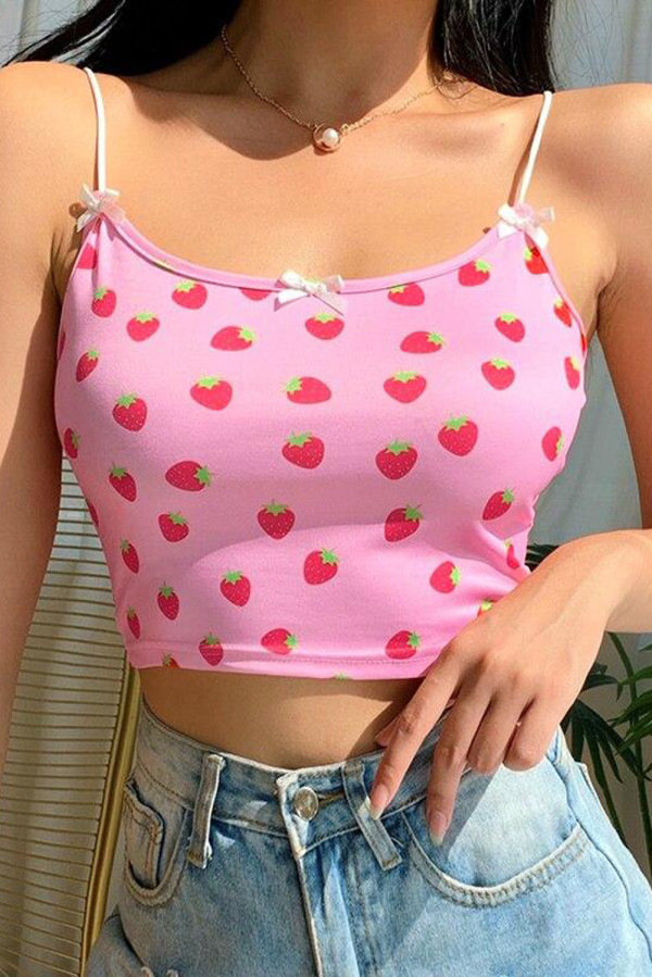 Strawberry Print Crop Spaghetti Straps Camisole