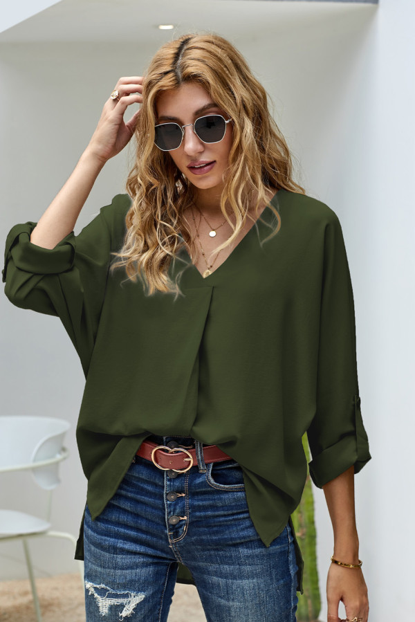 Army Green V Neck 3/4 Sleeve High Low Hem Shirt