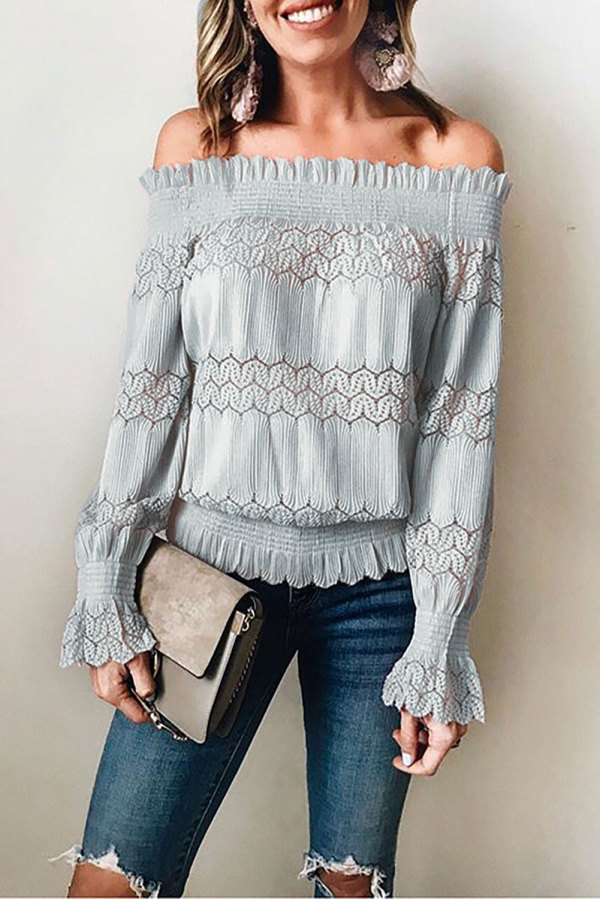 Green Off Shoulder Ruffle Long Sleeve Smocked Waist Lace Crochet Blouse