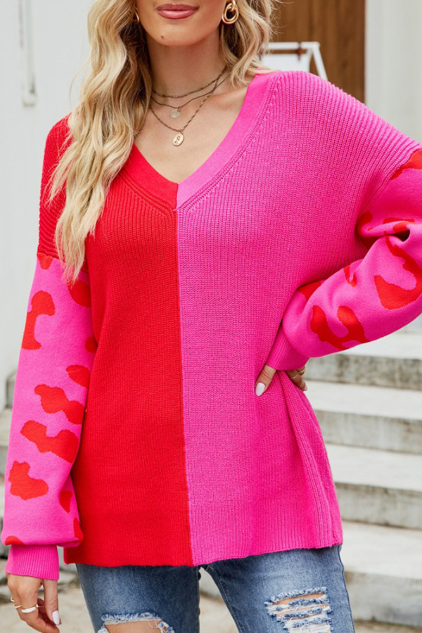 Pink Leopard Colorblock V Neck Sweater