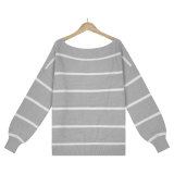 Off Shoulder Pin Striped Loose Pullover Sweaters