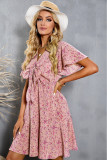 Pink Floral Print Tie Knot Ruffled Short Sleeve Mini Dress