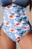 Blue Halter Crisscross Hollow Out Ribbed Printed One-piece Swimwear