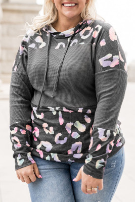 Gray Plus Size Leopard Waffle Knit Hoodie