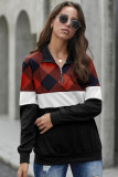 Red Plaid Color Block Zipper Turn Down Collar Long Sleeve Top