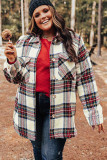 White Plaid Print Flap Pockets Plus Size Jacket