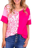 Rose Leopard Colorblock Patchwork Short Sleeve Top