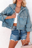 Open Button Pocket Short Length Denim Jacket with Hood